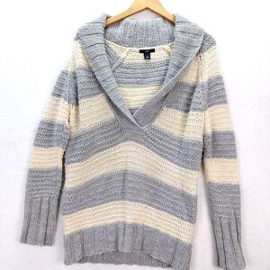 GAP Shawl Collar Sweater Womens Size M Gray Cream Striped Wool Alpaca Fisherman